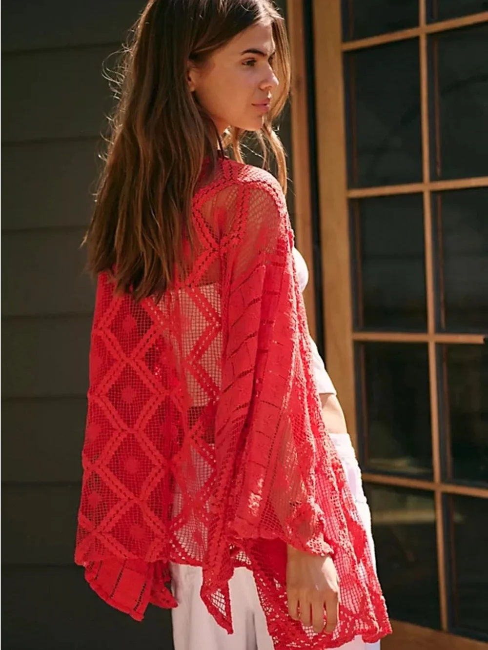 Free People One Size Women’s Red Crochet Swim Cover-Up Kimono